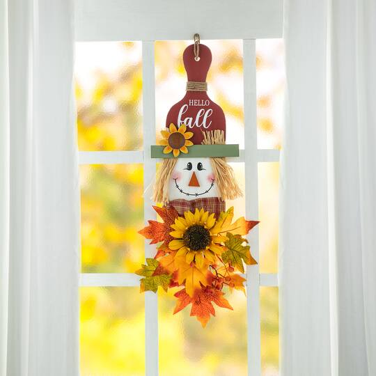 Glitzhome® 26" Fall Wood Scarecrow Floral Door Hanger